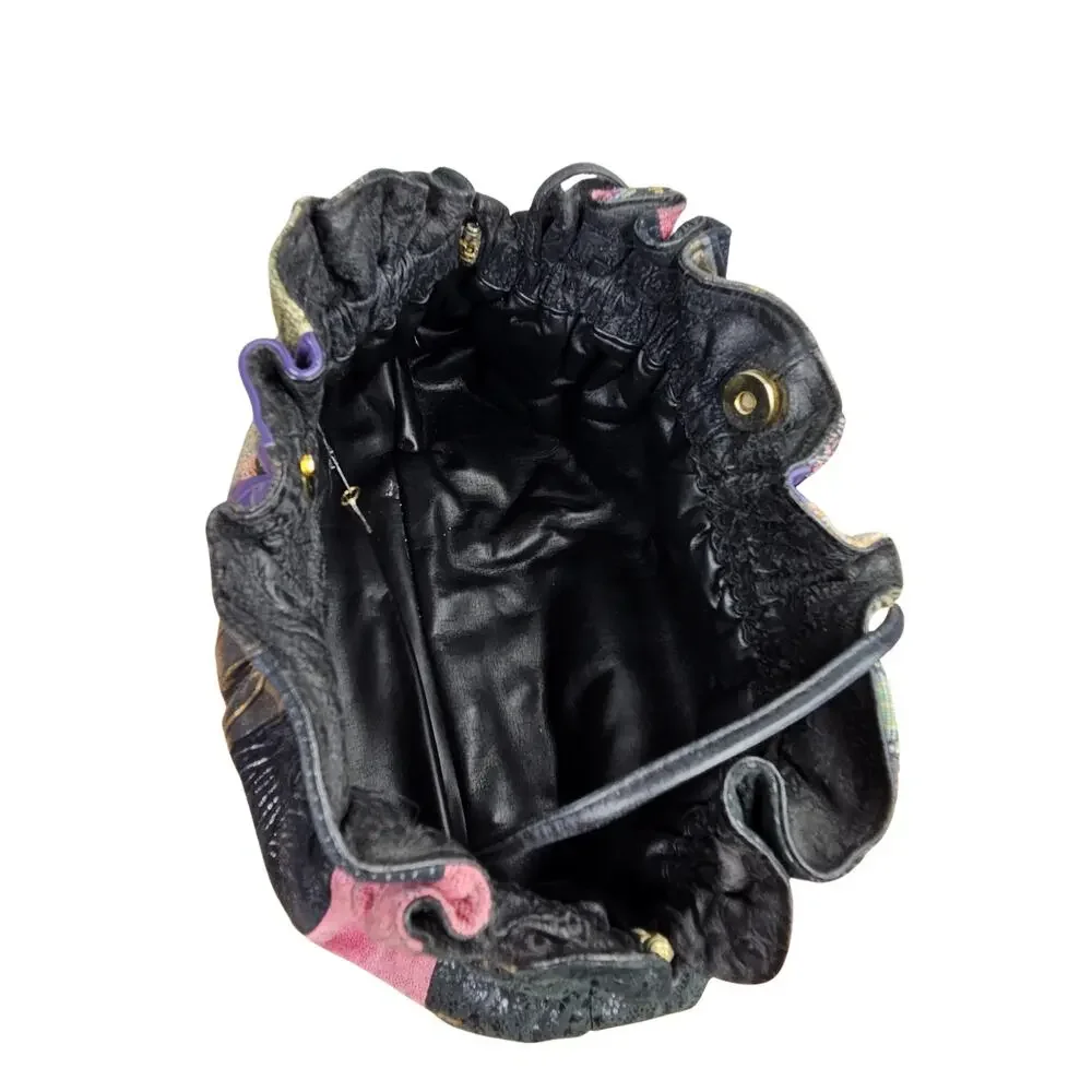 80s Black Leather Patchwork Ruched Reversible Cross Body Clutch Tassle Viva Bag